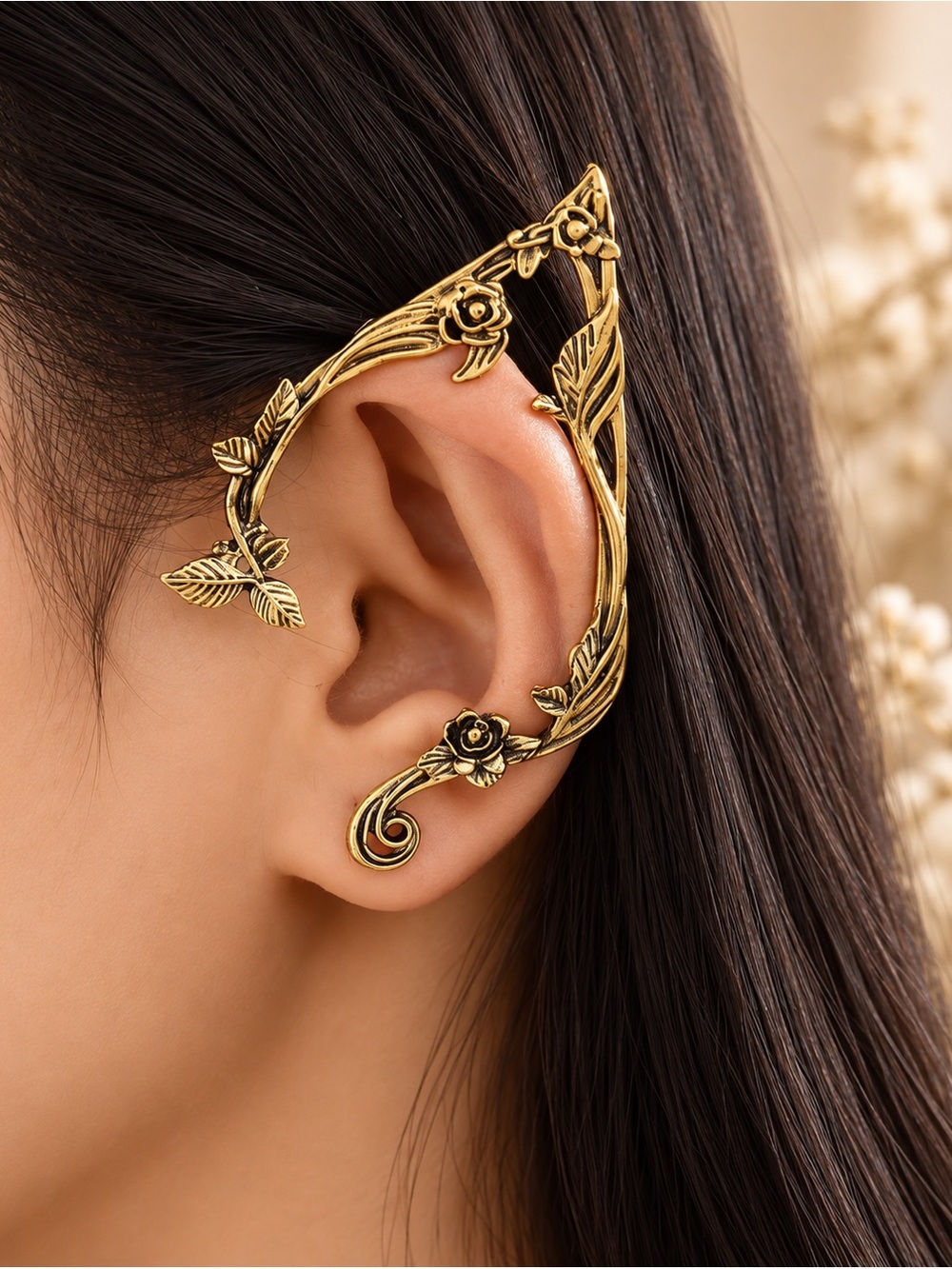 Antique Gold Floral Ear Cuffs